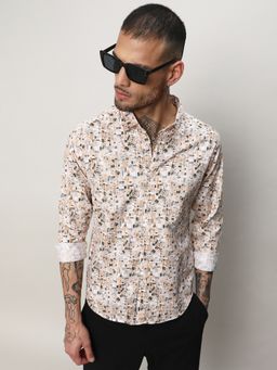 Campus Sutra - Men Beige Cotton Printed Casual Shirt