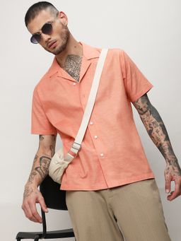 Campus Sutra - Men Orange Cotton Solid Casual Shirt