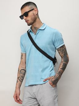 Campus Sutra - Men Blue Blended Fabric Solid Polo T-Shirt