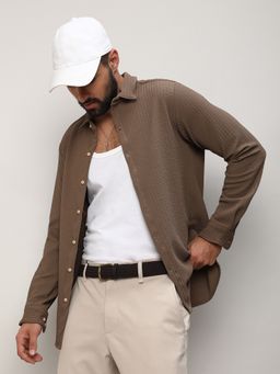 Campus Sutra - Men Brown Polyester Textured Casual Shirt
