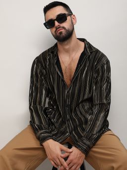 Campus Sutra - Men Black Polyester Textured Casual Shirt