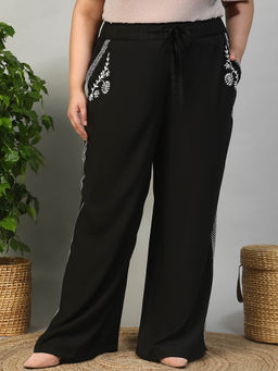 Oxolloxo - Plus Size Black Elasticated with Tie Up Embroidered Cotton Linen Palazzo