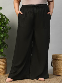 Oxolloxo - Plus Size Black Elasticated with Tie Up Detail Cotton Linen Palazzo
