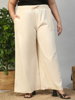 Oxolloxo - Plus Size Beige Elasticated with Tie Up Detail Cotton Linen Palazzo