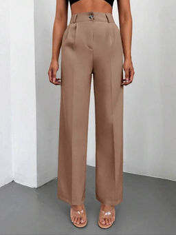 BROADSTAR - Women High-Rise Stretchable Beige Color Loose Fit Korean Trouser