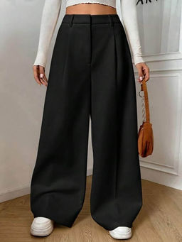 BROADSTAR - Women High-Rise Stretchable Black Color Wide Leg Trouser