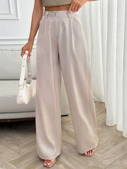 BROADSTAR - Women High-Rise Stretchable Beige Color Loose Fit Korean Trouser