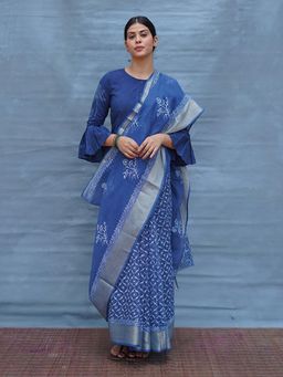 Chidiyaa - Indi Sea Longing Blue Block Printed Kota Doria Saree with Unstitched Blouse