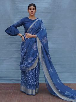 Chidiyaa - Indi Salt Love Blue Block Printed Kota Doria Saree with Unstitched Blouse