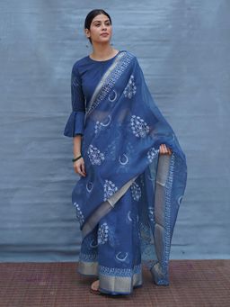 Chidiyaa - Indi Moon Water Blue Block Printed Kota Doria Saree with Unstitched Blouse