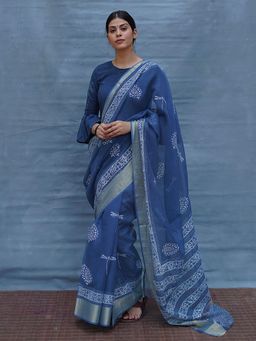 Chidiyaa - Indi Indigo Shore Blue Block Printed Kota Doria Saree with Unstitched Blouse
