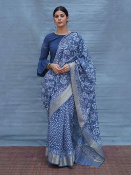 Chidiyaa - Indi Waiting Sea Blue Block Printed Kota Doria Saree with Unstitched Blouse