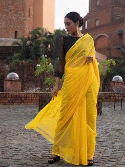 Beatitude - Yellow Cotton Silk Jacquard Jamdani Saree Without Blouse