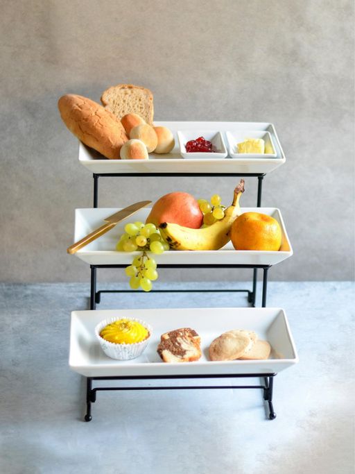 Nestasia Black & White Retro Style Platter Stand with 3 Long & 2 Small Plates 1 Metal Stand