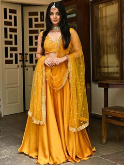 Lavanya The Label - Mustard Silk Lehenga (Set of 3)