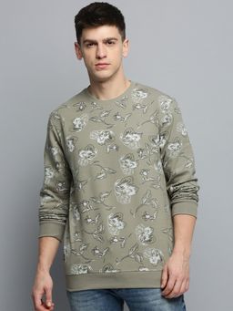 SHOWOFF - Mens Round Neck Printed Olive Pullover Sweatshirt