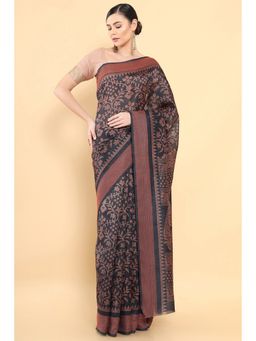 Soch - Women Navy Blue Silk Printed Saree with Unstitched Blouse