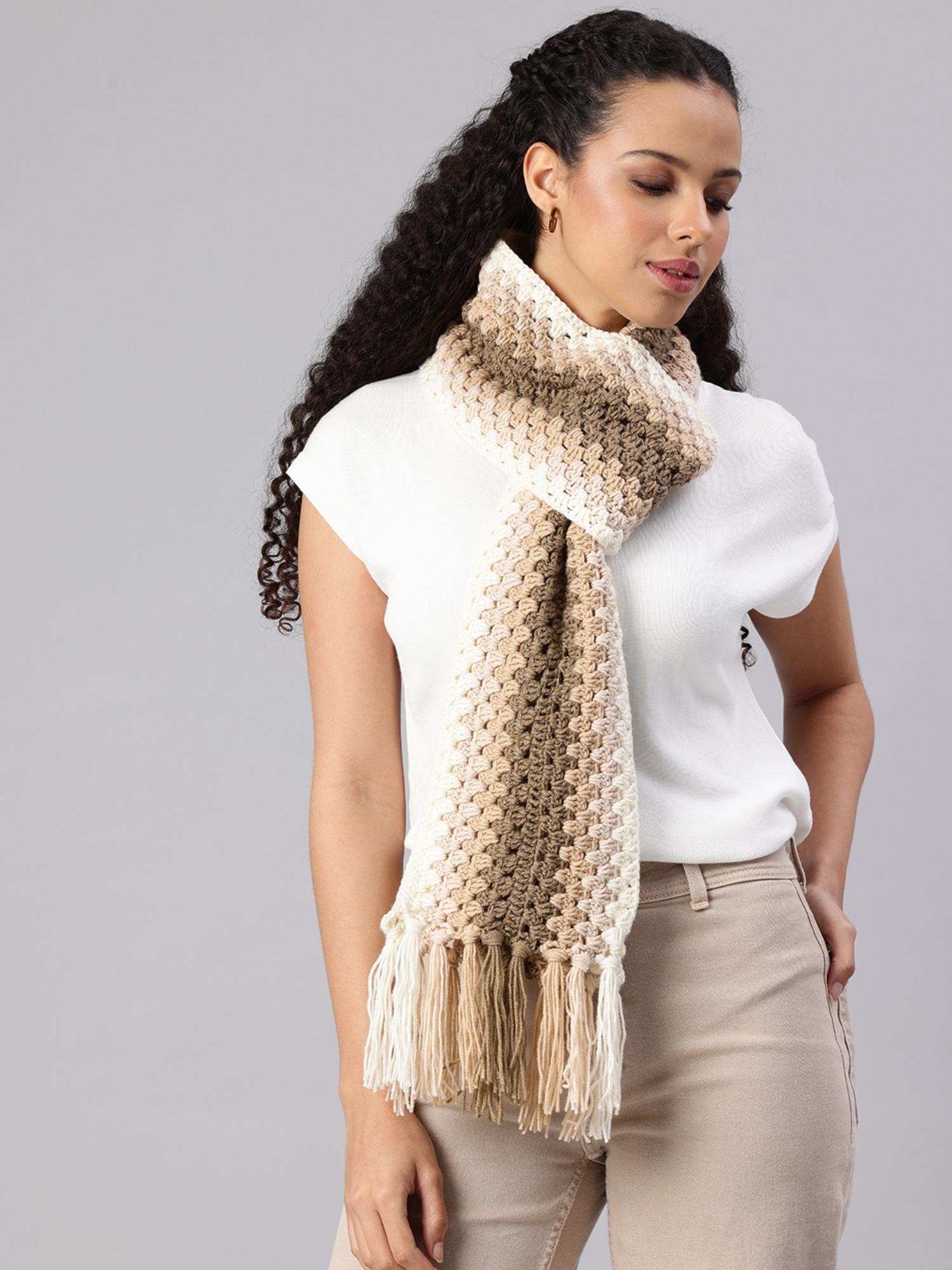 magic needles Women Brown Handmade Self Design Waves Crochet Scarf-picture-10