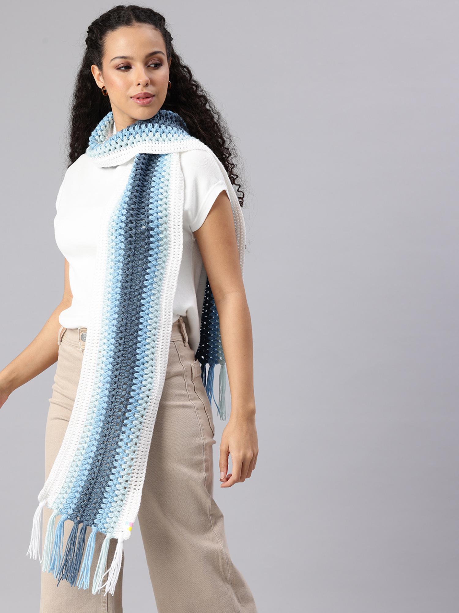 magic needles Women Blue Handmade Self Design Waves Crochet Scarf-picture-38
