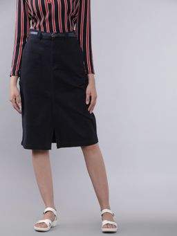 TOKYO TALKIES - Women Navy Blue Solid Straight Skirt with Belt (Set of 2)