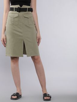 TOKYO TALKIES - Women Olive Green Solid Straight Skirt with Belt (Set of 2)