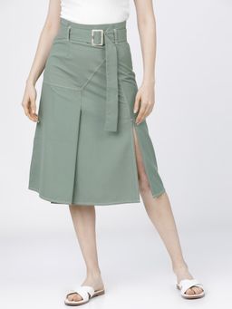TOKYO TALKIES - Women Green Solid A-Line Midi Skirt with Belt (Set of 2)
