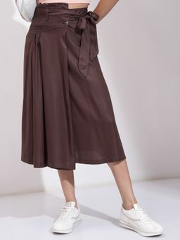 TOKYO TALKIES - Women Brown Solid A-Line Midi Skirt with Belt (Set of 2)