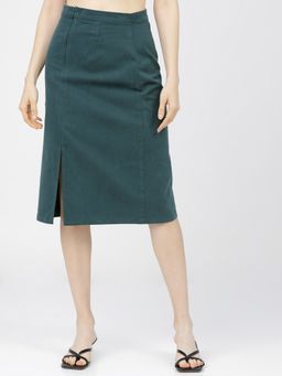 TOKYO TALKIES - Women Green Solid Straight-Fit A-Line Midi Skirt