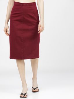 TOKYO TALKIES - Women Cotton Maroon Solid Straight-Fit Pencil Midi Skirt
