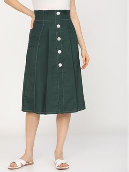 TOKYO TALKIES - Women Green Solid Casual-Fit Pleated Midi Skirt