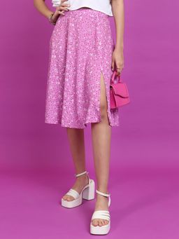 TOKYO TALKIES - Women Pink Floral Printed A-Line High Slit Midi Skirt