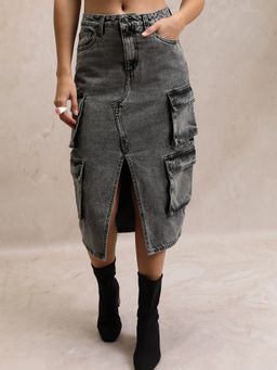 TOKYO TALKIES - Women Grey Denim Cargo Midi Skirt