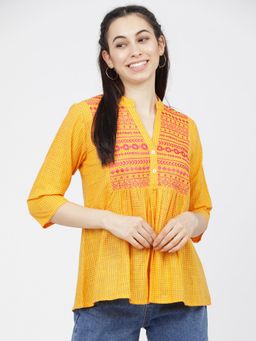 VISHUDH - Women Yellow Checked Mandarin Collar Tunic