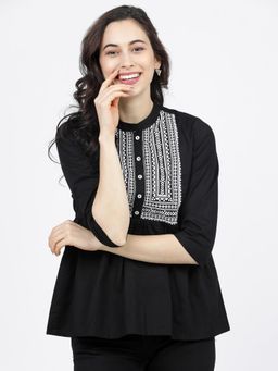 VISHUDH - Women Black Geometric Mandarin Collar Peplum Tunic