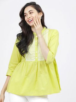 VISHUDH - Women Lime Green Geometric Mandarin Collar Tunic