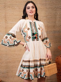 VISHUDH - Women Cream Weaved Embroidery Flared Sleeves A-Line Dress