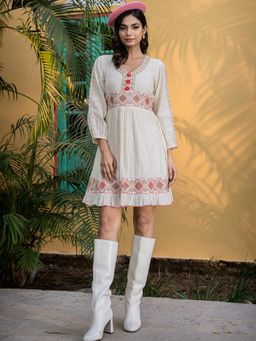 VISHUDH - Women White Weaved Cotton Weaved Embroidery A-Line Dress