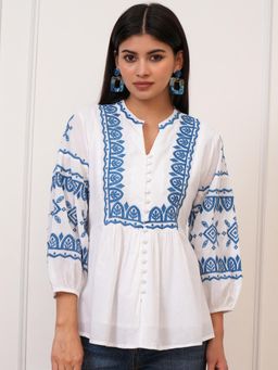 VISHUDH - Women Premium White Floral Embroidered Pure Cotton Tunic