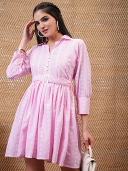 VISHUDH - Women Pink Printed A-Line Dress with Belt