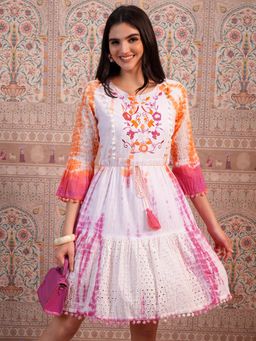 VISHUDH - Women White Embroidered A-Line Dress