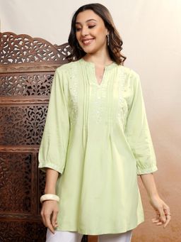 VISHUDH - Women Pista Green Ethnic Embroidered Tunic