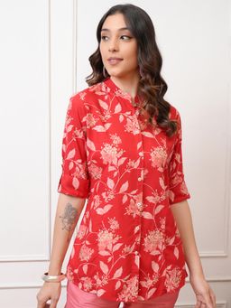 VISHUDH - Women Red Floral Buttoned Shirt with Roll-Up Sleeves