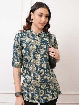 VISHUDH - Women Teal Floral Buttoned Shirt with Roll-Up Sleeves