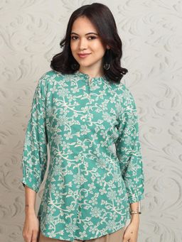 VISHUDH - Women Powder Blue Tribal Print Buttoned Top with Bishop Sleeves