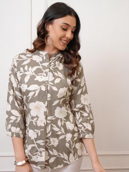VISHUDH - Women Light Grey Floral Printed Button Down Top with Bishop Sleeves
