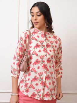 VISHUDH - Women Off White Floral Printed Button Down Top with Bishop Sleeves