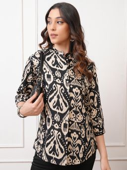 VISHUDH - Women Black Tribal Print Button Down Top with Bishop Sleeves
