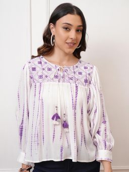 VISHUDH - Women Purple Embroidered Shibori Tie-Up Neck Top