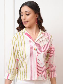 VISHUDH - Women White Aztec Printed Collared Crop Shirt