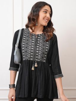 VISHUDH - Women Black Embroidered Drop Waist Tie-Up Neck Tunic